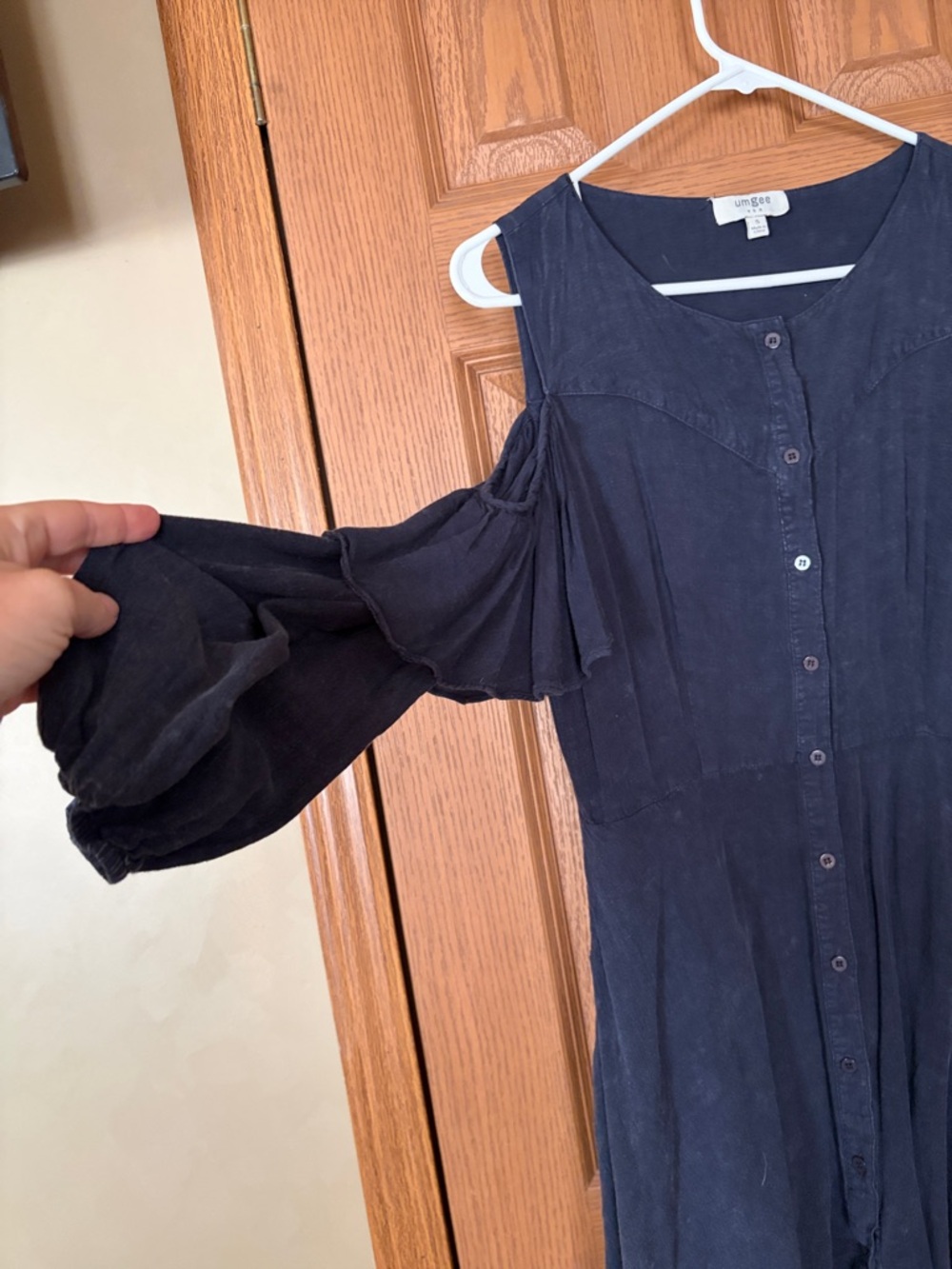 Umgee Navy Cold-Shoulder Ruffle Button-Front Dress - Picture 3 of 4